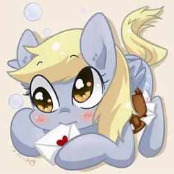 Size: 764x761 | Tagged: dead source, safe, artist:yukandasama, derpibooru import, derpy hooves, pegasus, pony, :>, :i, blushing, bubble, cute, derpabetes, female, letter, mailpony, mare, mouth hold, nom, pixiv, solo