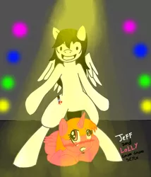 Size: 900x1052 | Tagged: safe, artist:lolly <3, derpibooru import, oc, unofficial characters only, alicorn, pegasus, pony, alicorn oc, blushing, couple, gnam gnam style, horn, jeff the killer, knife, love, meme, spotlight, wings