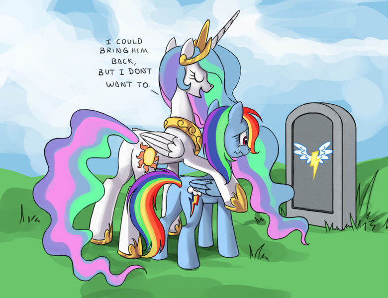 Size: 910x700 | Tagged: safe, derpibooru import, princess celestia, rainbow dash, soarin', alicorn, pegasus, pony, bitchlestia, butt, celestia's grave meme, exploitable meme, female, implied death, mare, meme, plot