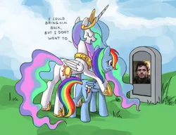 Size: 910x700 | Tagged: safe, derpibooru import, princess celestia, rainbow dash, alicorn, human, pegasus, pony, a song of ice and fire, butt, celestia's grave meme, crossover, crying, exploitable meme, female, game of thrones, grave, gravestone, implied death, mare, meme, plot, robb stark