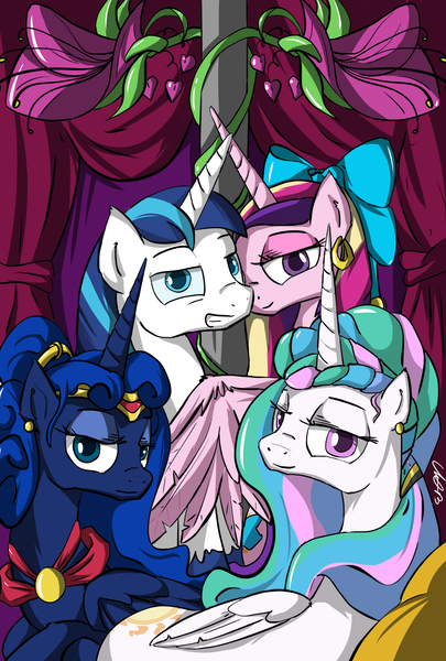 Size: 1093x1618 | Tagged: alternate hairstyle, artist:cs, derpibooru import, heart's desire, princess cadance, princess celestia, princess luna, safe, shining armor