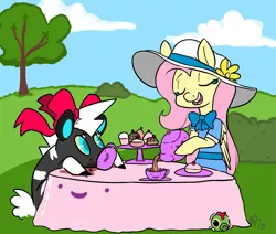 Size: 2263x1919 | Tagged: artist:mt, blitzle, caterpie, clothes, crossover, derpibooru import, drink, fluttershy, food, messy, outdoors, pokémon, safe, table, tea party