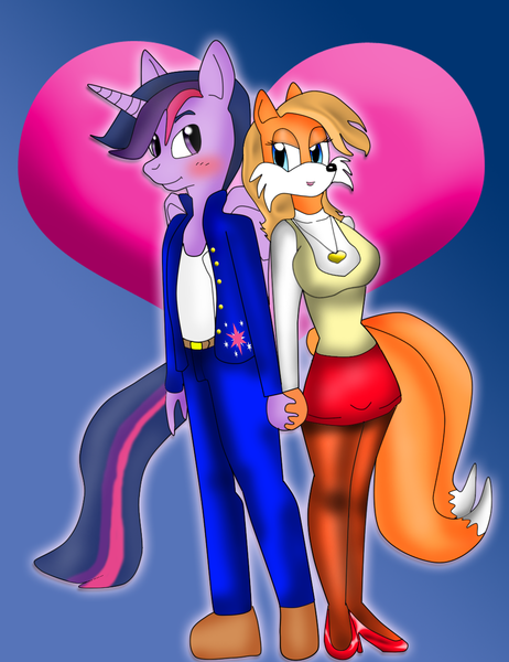 Size: 968x1258 | Tagged: anthro, artist:odiz, crossover, crossover shipping, derpibooru import, dusk shine, female, male, miles "tails" prower, rule 63, safe, shipping, sonic the hedgehog (series), stallion, stallion on vixen, straight, tailsko, twilight sparkle, twitails, vixen, wip