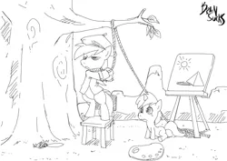 Size: 1580x1120 | Tagged: semi-grimdark, artist:brainsucks, derpibooru import, derpy hooves, dinky hooves, pegasus, pony, crying, female, grimderp, hanging (by neck), mare, monochrome, mountain, noose, painting, pyramid, sad, sketch, suicide