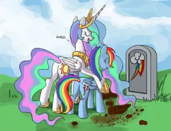 Size: 910x700 | Tagged: safe, derpibooru import, princess celestia, rainbow dash, alicorn, pegasus, pony, undead, butt, celestia's grave meme, exploitable meme, female, good end, implied death, mare, meme, plot, resurrection, revived