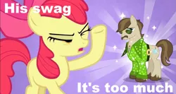 Size: 1253x668 | Tagged: safe, derpibooru import, edit, edited screencap, screencap, apple bloom, dance fever, earth pony, pony, hearts and hooves day (episode), caption, clothes, duo, facial hair, female, filly, hearts and hooves day, male, moustache, purple background, simple background, squint, stallion, sunglasses, swag, the perfect stallion, too flashy
