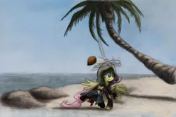 Size: 800x532 | Tagged: artist:hewison, assassin's creed, assassin's creed iv black flag, clothes, coconut, coconut tree, crossover, derpibooru import, edward kenway, fluttershy, food, gun, handgun, island, ocean, palm tree, pistol, safe, solo, tree, weapon