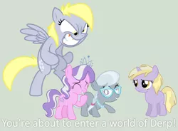 Size: 988x726 | Tagged: safe, artist:bronybyexception, derpibooru import, derpy hooves, diamond tiara, dinky hooves, silver spoon, pegasus, pony, angry, caption, equestria's best mother, female, glasses, image macro, mare, text