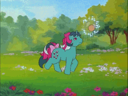 Size: 718x540 | Tagged: animated, ball, bubble, derpibooru import, fizzy, floating, g1, meadow, mish mash melee, my little pony 'n friends, safe, screencap, trotting, twinkle eyed pony