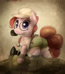 Size: 1280x1451 | Tagged: safe, artist:surgicalarts, derpibooru import, pinkie pie, earth pony, pony, clothes, colored pupils, cosplay, costume, female, fio germi, flashlight (object), glasses, hat, looking at you, looking back, looking back at you, mare, metal slug, mouth hold, solo