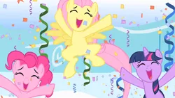 Size: 1280x720 | Tagged: cheering, confetti, derpibooru import, fluttershy, pinkie pie, safe, screencap, sonic rainboom (episode), spread arms, spread wings, streamers, twilight sparkle, wings