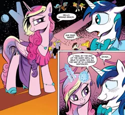 Size: 625x578 | Tagged: safe, derpibooru import, idw, 8-bit (character), buck withers, flank thrasher, gaffer, gizmo, princess cadance, shining armor, alicorn, earth pony, pegasus, pony, unicorn, neigh anything, spoiler:comic, spoiler:comic12, blushing, bowtie, clothes, crossdressing, dress, female, flower, flower in hair, gibberish, jewelry, levitation, magic, male, mare, shiningcadance, shipping, shoes, stallion, straight, suit, suspended, swag, telekinesis