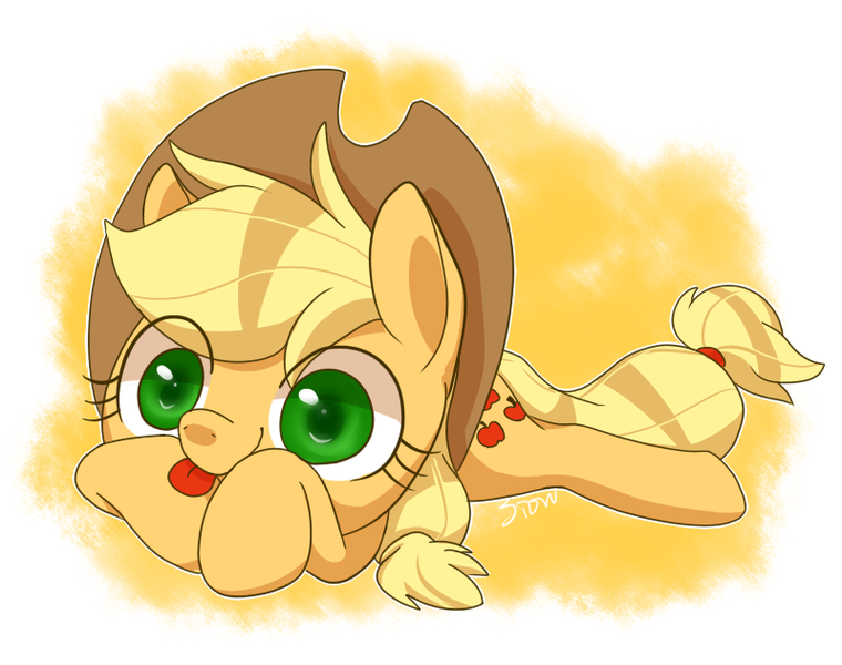 Size: 799x631 | Tagged: safe, artist:sion, derpibooru import, applejack, pony, prone, silly, silly pony, solo, tongue out, who's a silly pony