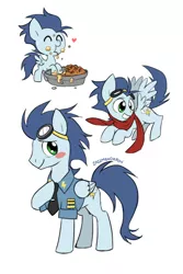 Size: 500x750 | Tagged: age progression, artist:kairean, blushing, clothes, colt, derpibooru import, food, male, pie, safe, scarf, soarin', that pony sure does love pies, uniform