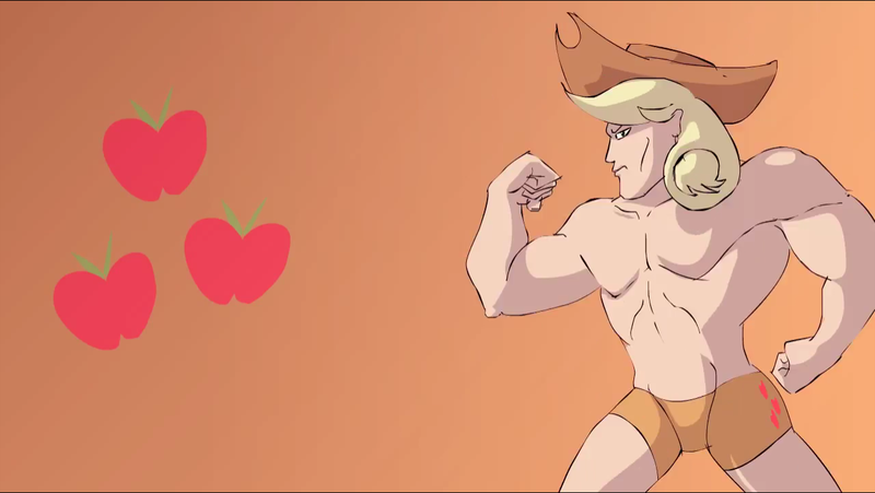 Size: 1280x721 | Tagged: applejack, applejacked, applejack (male), artist:kanashiipanda, buff, clothes, cowboy hat, cutie mark, derpibooru import, friendship is manly, hat, human, humanized, male, manly, muscles, rule 63, solo, solo male, suggestive, underwear