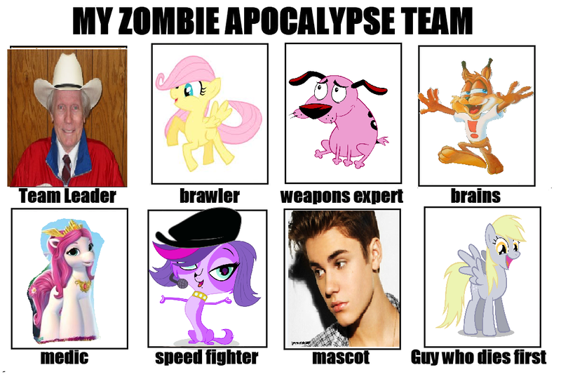 Size: 1080x752 | Tagged: bella (filly funtasia), bubsy, courage the cowardly dog, derpibooru import, derpy hooves, exploitable meme, female, filly, filly fluttershy, filly funtasia, flower, flower in tail, fluttershy, fred phelps, justin bieber, meme, safe, this is a joke, this will end in tears, westboro baptist church, younger, zoe trent, zombie apocalypse team