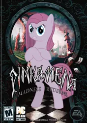 Size: 708x1000 | Tagged: safe, artist:nickyv917, derpibooru import, pinkie pie, pony, alice:madness returns, american mcgee, american mcgee's alice, bipedal, ea, game cover, parody, pinkamena diane pie, solo