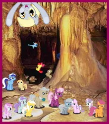 Size: 492x558 | Tagged: safe, derpibooru import, apple bloom, cheerilee, derpy hooves, diamond tiara, doctor whooves, liza doolots, minuette, noi, petunia, piña colada, rainbow dash, scootaloo, silver spoon, sunny daze, sweetie belle, time turner, tootsie flute, pony, cave, female, field trip, filly, irl, photo, piña cutelada, ponies in real life, school