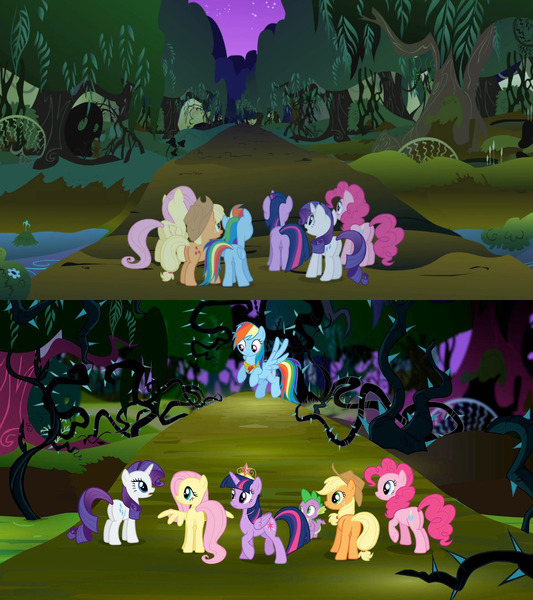 Size: 1920x2160 | Tagged: safe, derpibooru import, screencap, applejack, fluttershy, pinkie pie, rainbow dash, rarity, spike, twilight sparkle, twilight sparkle (alicorn), alicorn, dragon, earth pony, pegasus, pony, unicorn, princess twilight sparkle (episode), season 1, season 4, big crown thingy, black vine, comparison, element of magic, everfree forest, female, jewelry, male, mane seven, mane six, mare, progress, regalia, unicorn twilight