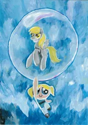 Size: 678x960 | Tagged: safe, artist:laura-g-art, derpibooru import, derpy hooves, pegasus, pony, bubble, bubbles (powerpuff girls), crossover, female, flying, inside, mare, painting, the powerpuff girls, traditional art