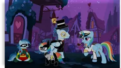 Size: 1192x670 | Tagged: safe, artist:selecteddash, derpibooru import, rainbow dash, soarin', oc, oc:ragtag, oc:shooting star, batman, batman and robin, cane, clothes, costume, family, female, hat, male, monocle, nightmare night, nightmare night costume, offspring, parent:rainbow dash, parent:soarin', parents:soarindash, robin, shipping, siblings, sisters, soarindash, straight, top hat