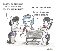 Size: 974x820 | Tagged: safe, artist:bobthedalek, derpibooru import, octavia melody, vinyl scratch, oc, oc:mixed melody, oc:octavia's mother, earth pony, pony, unicorn, backwards cutie mark, chocolate, female, food, scrunchy face, shopping, shopping cart