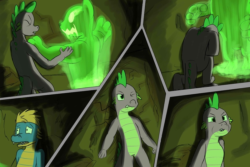 Size: 1280x853 | Tagged: artist:fuzebox, cave, comic, derpibooru import, diamond dog, dragon, glow, oc, oc:sharp, older, older spike, safe, semi-anthro, spike, spike's journey, teenaged dragon, teenager, teenage spike