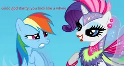 Size: 628x334 | Tagged: caption, clothes, derpibooru import, dress, duo, edit, edited screencap, fake eyelashes, glimmer wings, headdress, image macro, lipstick, meme, rainbow dash, rarity, safe, screencap, sonic rainboom (episode), text, vulgar, whore, wings