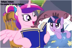 Size: 1024x683 | Tagged: safe, deleted from derpibooru, derpibooru import, princess cadance, twilight sparkle, alicorn, pony, unicorn, bedtime story, book, cadance's bedtime stories, duo, exploitable meme, female, filly, looking up, meme, tailypo, this will end in tears, younger