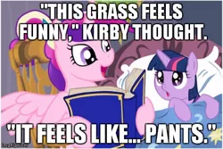 Size: 480x320 | Tagged: safe, deleted from derpibooru, derpibooru import, princess cadance, twilight sparkle, alicorn, pony, unicorn, bedroom, bedtime story, book, cadance's bedtime stories, caption, duo, exploitable meme, female, filly, image macro, kirby, kirby's epic yarn, looking up, meme, text, younger