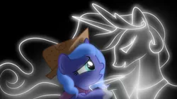 Size: 1920x1080 | Tagged: safe, artist:arvaus, derpibooru import, princess celestia, princess luna, alicorn, ghost, pony, undead, moonstuck, cartographer's cap, clothes, duo, female, filly, hat, paper hat, see-through, spirit, spiritlestia, woona, younger