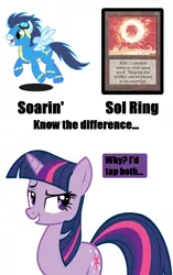 Size: 900x1430 | Tagged: bedroom eyes, derpibooru import, female, grin, know the difference, magic the gathering, male, meme, raised eyebrow, safe, shipping, smiling, soarin', soarlight, sol ring, straight, text, twilight sparkle