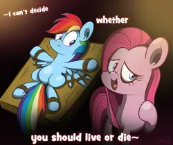 Size: 1678x1400 | Tagged: artist:slitherpon, bondage, bound, derpibooru import, fanfic:cupcakes, i can't decide, immatoonlink, parody, pinkamena diane pie, pinkie pie, rainbow dash, safe, scissor sisters, table, we're going for a ride