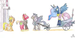 Size: 800x405 | Tagged: safe, artist:foudubulbe, derpibooru import, applejack, big macintosh, princess luna, earth pony, pony, chariot, clothes, dress, female, luna's chariot, lunamac, male, night guard, shipping, stallion, straight