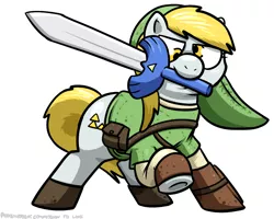 Size: 1000x800 | Tagged: safe, artist:pokehidden, derpibooru import, derpy hooves, pegasus, pony, clothes, crossover, female, glare, link, mare, master sword, mouth hold, newbs can't triforce, pose, raised hoof, solo, sword, the legend of zelda, triforce, weapon