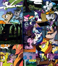 Size: 954x1080 | Tagged: safe, artist:andypriceart, derpibooru import, idw, big macintosh, bittersweet (character), doctor whooves, observer (character), pinkie pie, rainbow dash, rarity, scootaloo, sugar grape, sweetcream scoops, time turner, twilight sparkle, vinyl scratch, zecora, earth pony, pony, unicorn, zebra, spoiler:comic, blue eyes, brown eyes, button, comic, cutie mark, dice, fedora, freckles, glowing eyes, gray eyes, hat, no mane, observer, orange eyes, peace symbol, purple eyes, tree