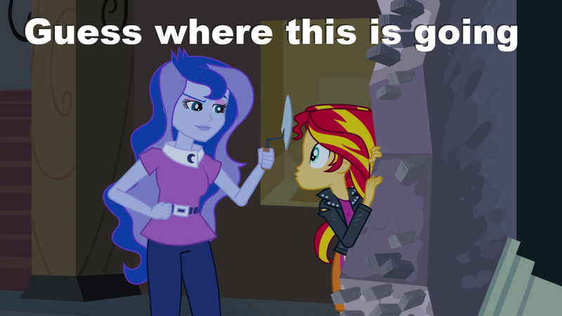 Size: 1024x576 | Tagged: suggestive, derpibooru import, edit, edited screencap, screencap, princess luna, sunset shimmer, equestria girls, equestria girls (movie), caption, female, image macro, implied insertion, meme, out of context, text, trowel, vice principal luna