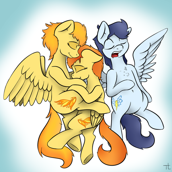 Size: 1600x1600 | Tagged: safe, artist:thexiiilightning, derpibooru import, blaze, soarin', spitfire, pegasus, pony, backwards cutie mark, belly button, cloud, cuddling, sleeping, snuggling, twins