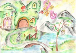 Size: 1200x838 | Tagged: angel bunny, artist:milanoss, derpibooru import, fluttershy, fluttershy's cottage, flying, safe, traditional art, watering can