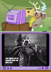 Size: 676x960 | Tagged: derpibooru import, discord, exploitable meme, fear, god-emperor of mankind, meme, obligatory pony, safe, the emperor's new groove, tv meme, warhammer 30k, warhammer 40k, warhammer (game)