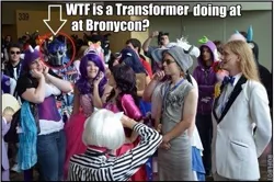 Size: 507x336 | Tagged: bronycon, caption, clash of hasbro's titans, clothes, cosplay, costume, derpibooru import, derpy hooves, fluttershy, human, image macro, irl, irl human, meme, optimus prime, photo, photo finish, pinkie pie, rarity, safe, spike, text, transformers