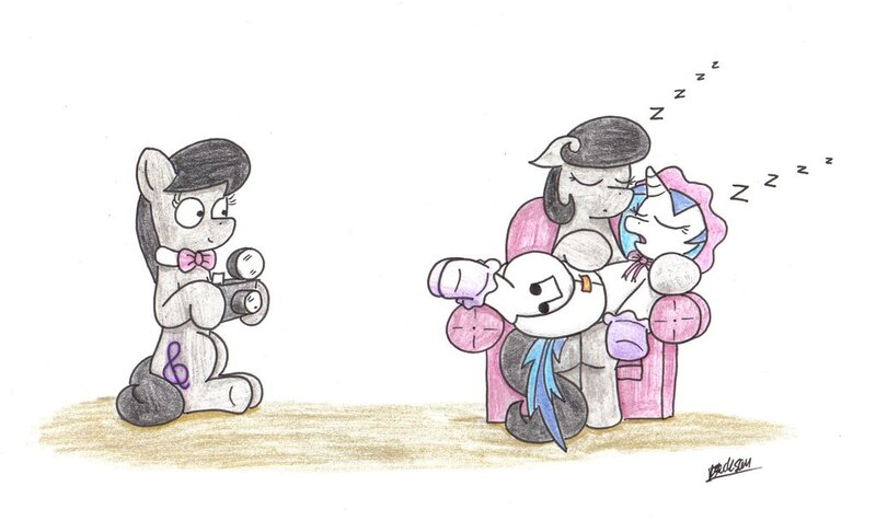 Size: 1024x609 | Tagged: questionable, artist:bobthedalek, derpibooru import, octavia melody, vinyl scratch, oc, oc:mixed melody, oc:octavia's mother, earth pony, pony, unicorn, adult foal, bonnet, booties, camera, chair, cute, diaper, female, mothers gonna mother, onomatopoeia, poofy diaper, sleeping, sound effects, zzz