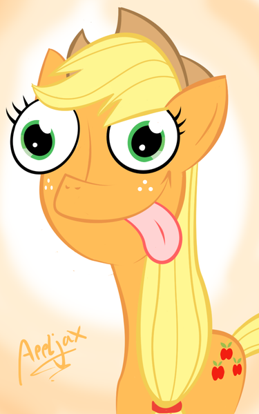 Size: 766x1226 | Tagged: safe, artist:anotheraverageartist, derpibooru import, applejack, pony, silly, silly pony, solo, tongue out, who's a silly pony