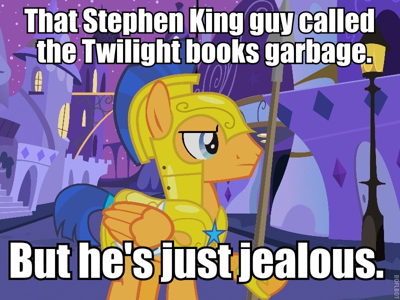 Size: 800x600 | Tagged: caption, derpibooru import, exploitable meme, flash sentry, idiot sentry, image macro, meme, safe, solo, stephen king, text, twilight (series)