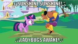 Size: 500x282 | Tagged: caption, derpibooru import, edit, female, filly, image macro, kronk, safe, sunshine sunshine, text, the emperor's new groove, twilight sparkle