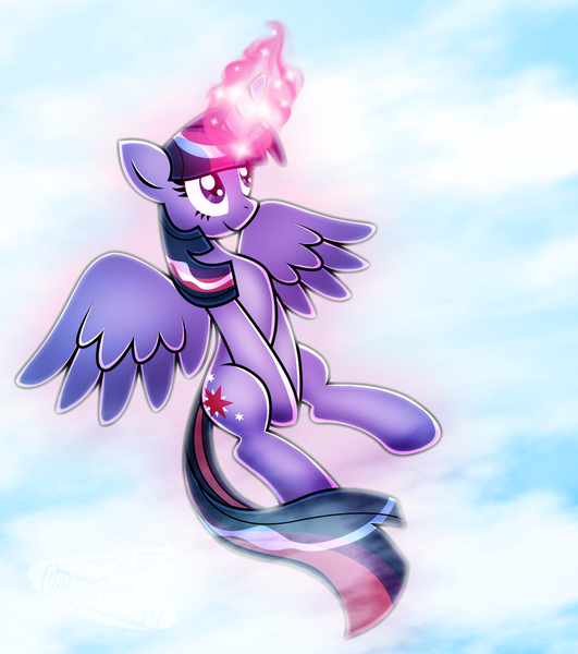 Size: 900x1016 | Tagged: safe, artist:omegasunburst, derpibooru import, twilight sparkle, twilight sparkle (alicorn), alicorn, pony, female, flying, magic, mare, solo