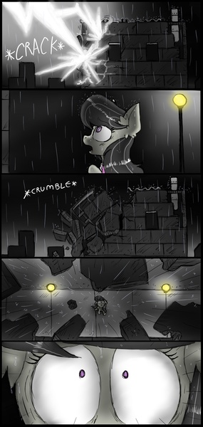 Size: 950x2000 | Tagged: safe, artist:ichibangravity, derpibooru import, octavia melody, earth pony, pony, comic:broken record, female, floppy ears, image, jpeg, lightning, looking at you, looking up, looking up at you, mare, peril, this will end in death, this will end in tears, this will end in tears and/or death
