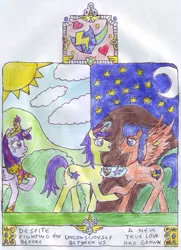 Size: 759x1051 | Tagged: safe, artist:chatsium, derpibooru import, comet tail, flash sentry, twilight sparkle, twilight sparkle (alicorn), alicorn, pony, female, flashtail, gay, male, mare, shipping