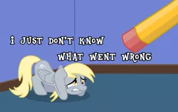 Size: 1024x645 | Tagged: safe, artist:19nonnahs93, derpibooru import, derpy hooves, pegasus, pony, crying, derpygate, eraser, face down ass up, female, grimderp, gritted teeth, i just don't know what went wrong, mare, pencil, scared, solo