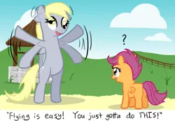 Size: 850x587 | Tagged: safe, artist:lightbulb, derpibooru import, derpy hooves, scootaloo, pony, bipedal, fence, flapping, flying lesson, scootaloo can't fly